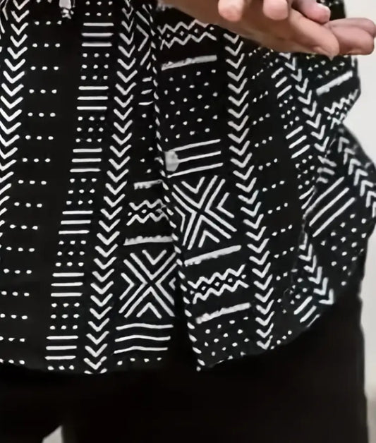 Guireniao Men's Casual Short Sleeve Shirt – Black & White Geometric Print