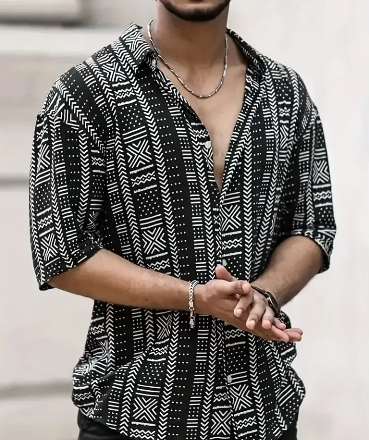 Guireniao Men's Casual Short Sleeve Shirt – Black & White Geometric Print