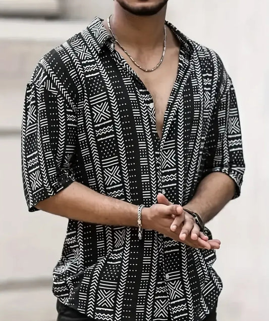 Guireniao Men's Casual Short Sleeve Shirt – Black & White Geometric Print