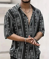 Guireniao Men's Casual Short Sleeve Shirt – Black & White Geometric Print