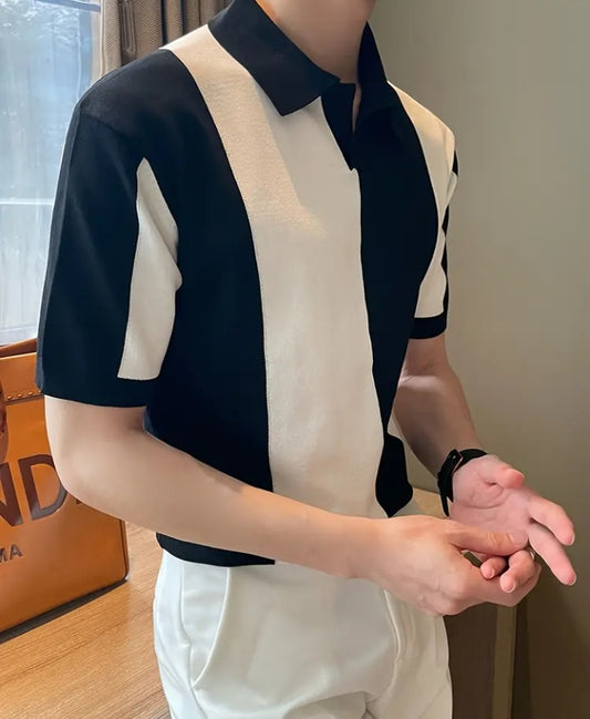 Men's Casual Striped Short Sleeve Polo Shirt – Navy & White