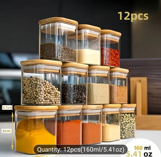 12-Piece 5oz Glass Spice Jar Set with Bamboo Lids