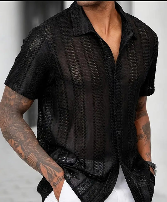 Men's Stylish Black Mesh Short-Sleeve Button-Up Shirt – Summer Casual