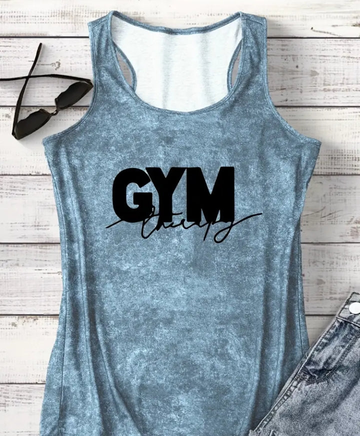 Women'S Casual Sleeveless Tank Top with "" Letter Print - Soft Green, Round Neck, Stretchy Fabric, Perfect for Fitness & Casual Attire, Tank Top