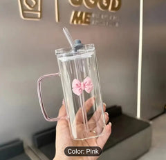Transparent & Simple Square Water Cup – INS Style with Butterfly Bow, Handle, and Glass Straw