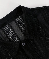 Men's Stylish Black Mesh Short-Sleeve Button-Up Shirt – Summer Casual