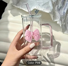 Transparent & Simple Square Water Cup – INS Style with Butterfly Bow, Handle, and Glass Straw