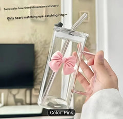 Transparent & Simple Square Water Cup – INS Style with Butterfly Bow, Handle, and Glass Straw
