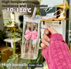 Transparent & Simple Square Water Cup – INS Style with Butterfly Bow, Handle, and Glass Straw