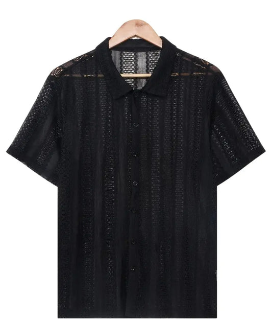 Men's Stylish Black Mesh Short-Sleeve Button-Up Shirt – Summer Casual