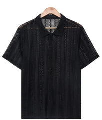 Men's Stylish Black Mesh Short-Sleeve Button-Up Shirt – Summer Casual