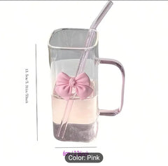 Transparent & Simple Square Water Cup – INS Style with Butterfly Bow, Handle, and Glass Straw